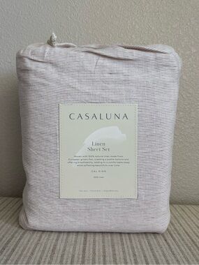 NWT California King 100% Linen Sheet Set Adobe Clay Micro Stripe - Casaluna